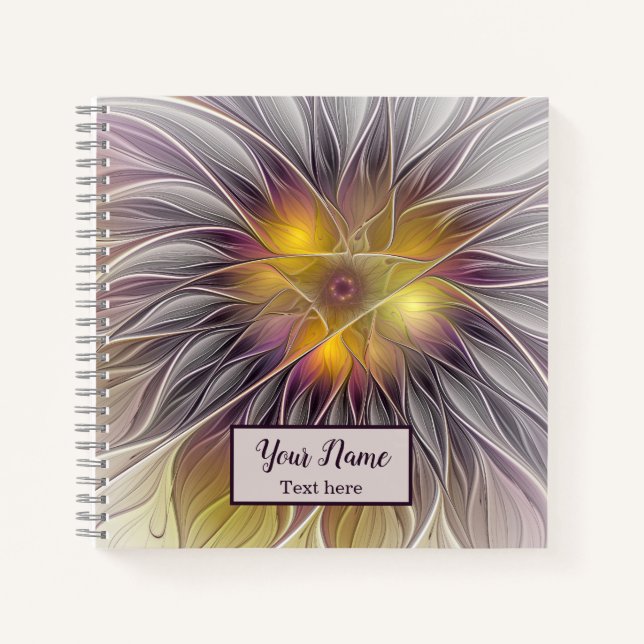 Luminous Colorful Flower, Abstract Fractal Name Notebook (Front)