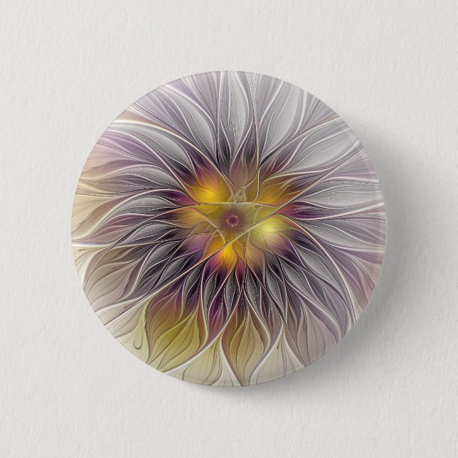 Luminous Colorful Flower, Abstract Modern Fractal Button (Front)