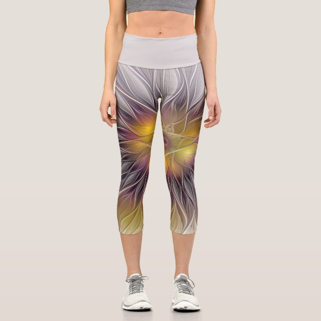 Luminous Colorful Flower, Abstract Modern Fractal Capri Leggings (Front)