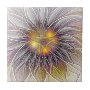Luminous Colorful Flower, Abstract Modern Fractal Ceramic Tile
