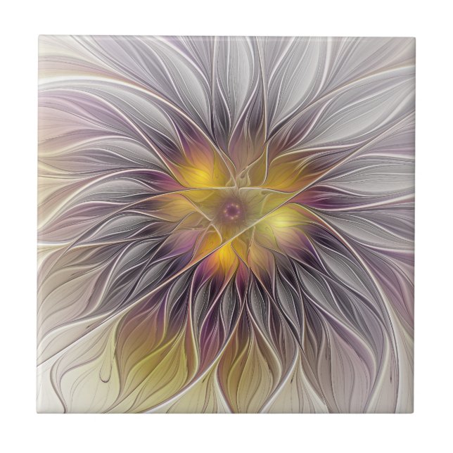 Luminous Colorful Flower, Abstract Modern Fractal Ceramic Tile (Front)