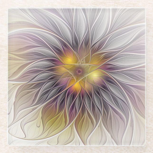 Luminous Colorful Flower, Abstract Modern Fractal Glass Coaster (Front)