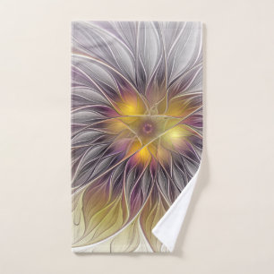 Luminous Colorful Flower, Abstract Modern Fractal Hand Towel