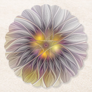 Luminous Colorful Flower, Abstract Modern Fractal Paper Coaster