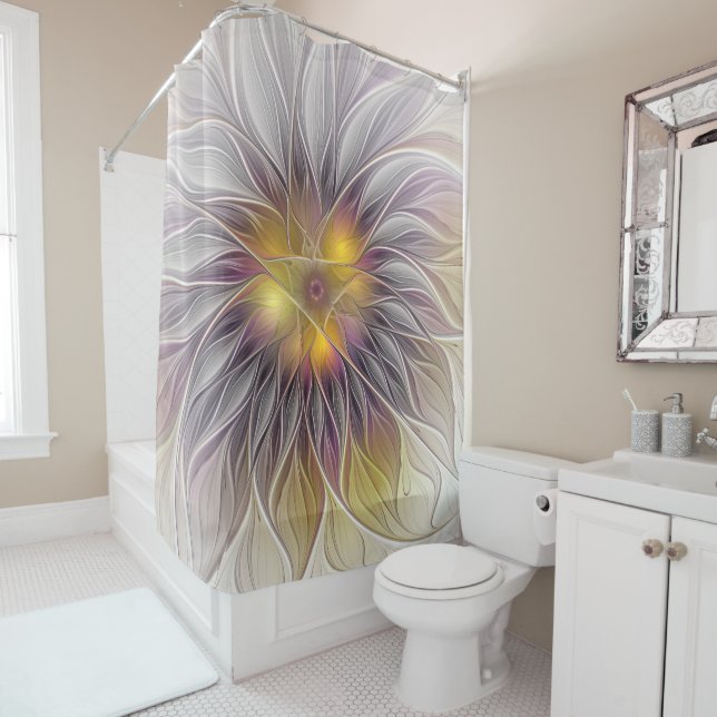 Luminous Colorful Flower, Abstract Modern Fractal Shower Curtain (In Situ)