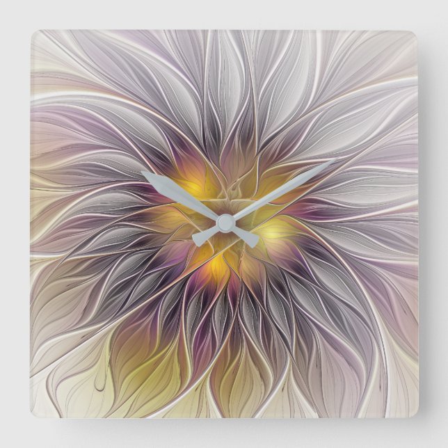 Luminous Colorful Flower, Abstract Modern Fractal Square Wall Clock (Front)