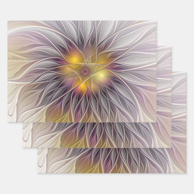 Luminous Colorful Flower, Abstract Modern Fractal Wrapping Paper Sheets (Set)