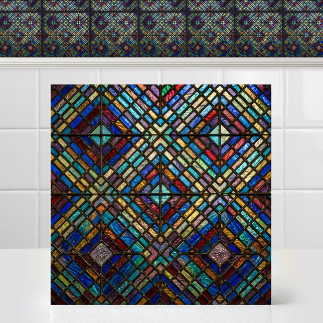 Luminous Diamond Matrix Cathedral Stained Glass Ceramic Tile (Antique Classical Luminous Diamond Matrix Cathedral Stained Glass Ceramic Tile)