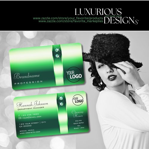 Luminous Emerald Green Gradient Diamonds and Logo Business Card