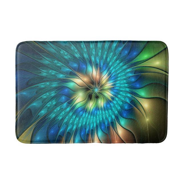 Luminous Fantasy Flower, Colorful Abstract Fractal Bath Mat (Front)