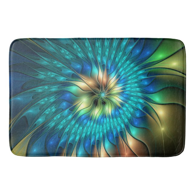 Luminous Fantasy Flower, Colorful Abstract Fractal Bath Mat (Front)