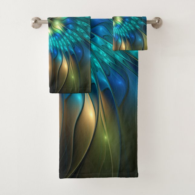 Luminous Fantasy Flower, Colorful Abstract Fractal Bath Towel Set (Insitu)