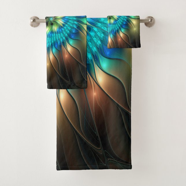 Luminous Fantasy Flower, Colorful Abstract Fractal Bath Towel Set (Insitu)