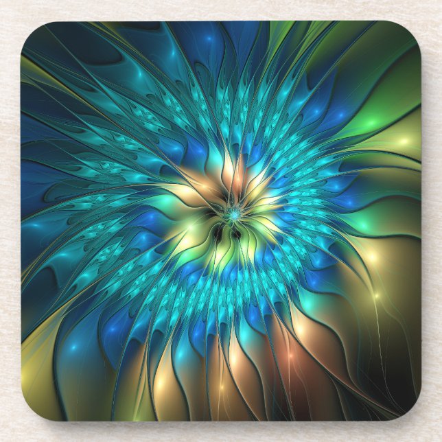Luminous Fantasy Flower, Colorful Abstract Fractal Beverage Coaster (Front)