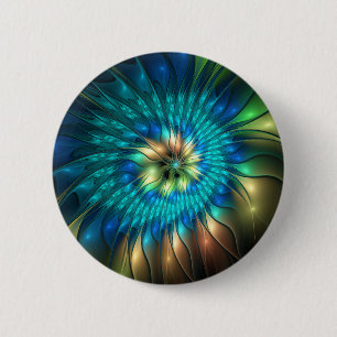 Luminous Fantasy Flower, Colorful Abstract Fractal Button