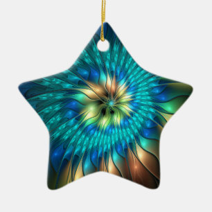 Luminous Fantasy Flower, Colorful Abstract Fractal Ceramic Ornament