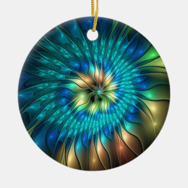 Luminous Fantasy Flower, Colorful Abstract Fractal Ceramic Ornament (Front)