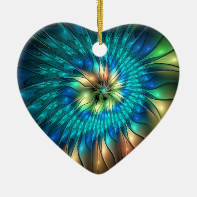 Luminous Fantasy Flower, Colorful Abstract Fractal Ceramic Ornament (Front)