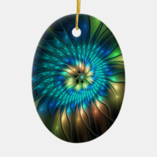 Luminous Fantasy Flower, Colorful Abstract Fractal Ceramic Ornament