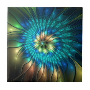 Luminous Fantasy Flower, Colorful Abstract Fractal Ceramic Tile