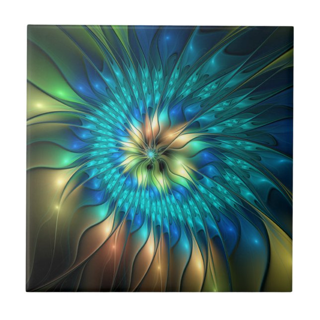 Luminous Fantasy Flower, Colorful Abstract Fractal Ceramic Tile (Front)