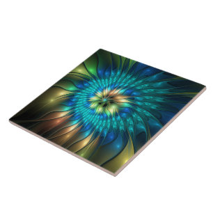 Luminous Fantasy Flower, Colorful Abstract Fractal Ceramic Tile
