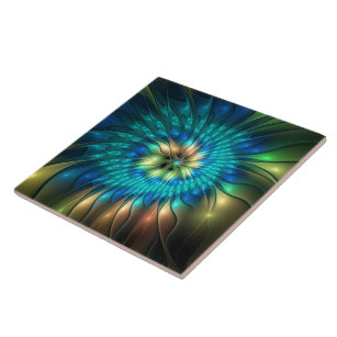 Luminous Fantasy Flower, Colorful Abstract Fractal Ceramic Tile