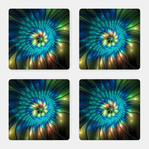 Luminous Fantasy Flower Colorful Abstract Fractal Coaster Set