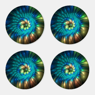 Luminous Fantasy Flower, Colorful Abstract Fractal Coaster Set