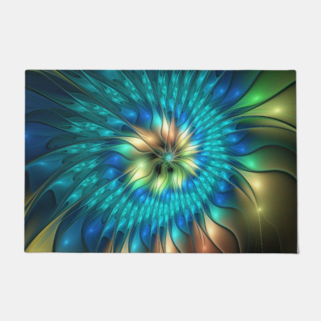 Luminous Fantasy Flower, Colorful Abstract Fractal Doormat (Front)