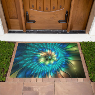 Luminous Fantasy Flower, Colorful Abstract Fractal Doormat
