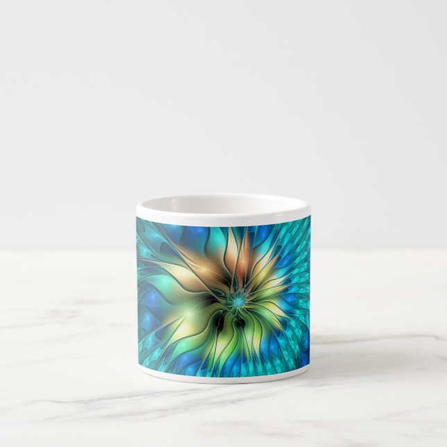 Luminous Fantasy Flower, Colorful Abstract Fractal Espresso Cup (Front)