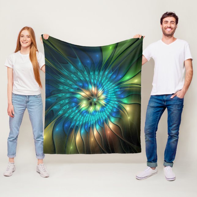 Luminous Fantasy Flower, Colorful Abstract Fractal Fleece Blanket (In Situ)