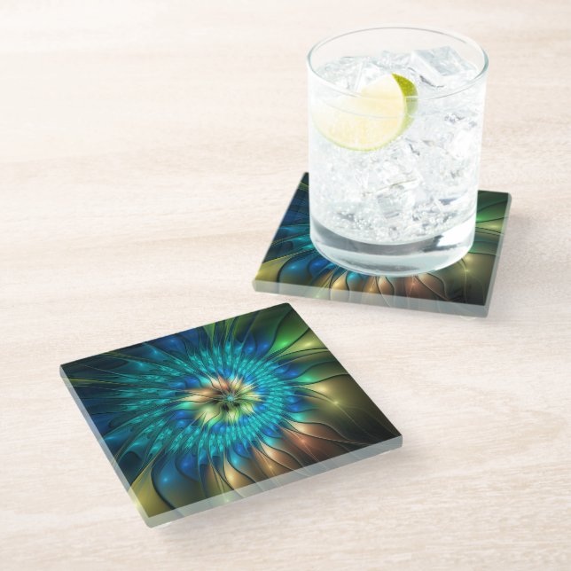 Luminous Fantasy Flower, Colorful Abstract Fractal Glass Coaster (Angled)