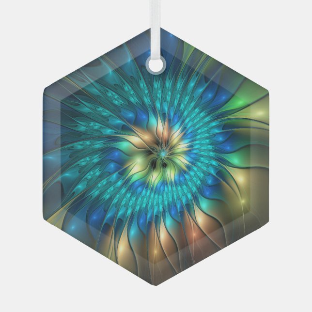 Luminous Fantasy Flower, Colorful Abstract Fractal Glass Ornament (Front)