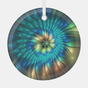 Luminous Fantasy Flower, Colorful Abstract Fractal Glass Ornament
