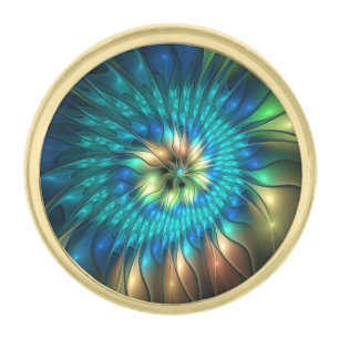 Luminous Fantasy Flower, Colorful Abstract Fractal Gold Finish Lapel Pin