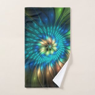 Luminous Fantasy Flower, Colorful Abstract Fractal Hand Towel