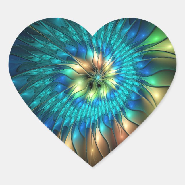 Luminous Fantasy Flower, Colorful Abstract Fractal Heart Sticker (Front)