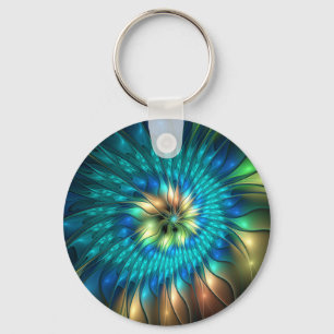 Luminous Fantasy Flower, Colorful Abstract Fractal Keychain
