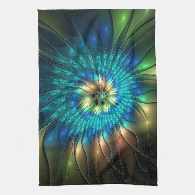 Luminous Fantasy Flower, Colorful Abstract Fractal Kitchen Towel (Vertical)