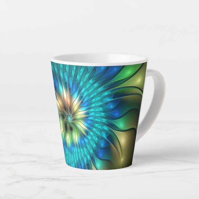 Luminous Fantasy Flower, Colorful Abstract Fractal Latte Mug (Right Angle)