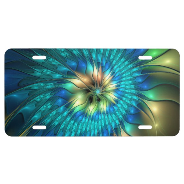 Luminous Fantasy Flower, Colorful Abstract Fractal License Plate (Front)