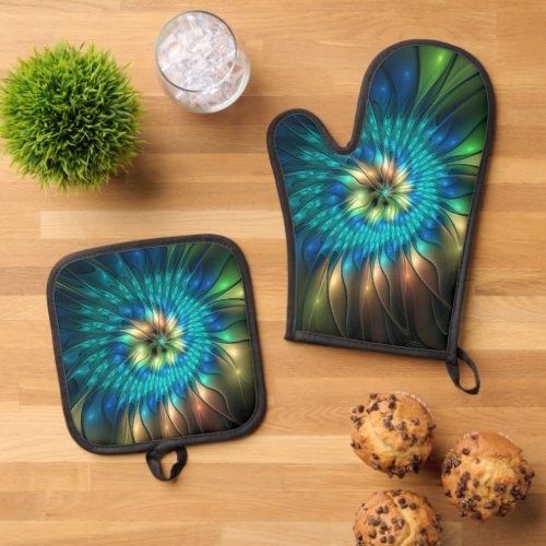 Luminous Fantasy Flower Colorful Abstract Fractal Oven Mitt  Pot Holder Set