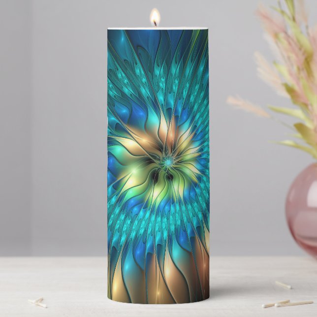 Luminous Fantasy Flower, Colorful Abstract Fractal Pillar Candle (In Situ)