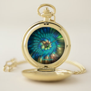 Luminous Fantasy Flower, Colorful Abstract Fractal Pocket Watch