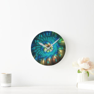 Luminous Fantasy Flower, Colorful Abstract Fractal Round Clock