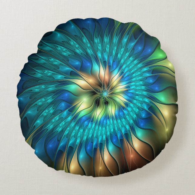 Luminous Fantasy Flower, Colorful Abstract Fractal Round Pillow (Front)