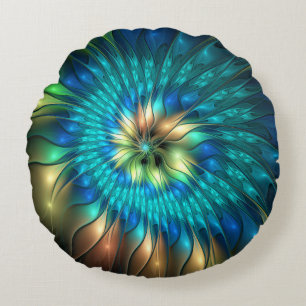 Luminous Fantasy Flower, Colorful Abstract Fractal Round Pillow