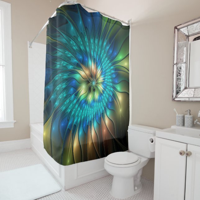 Luminous Fantasy Flower, Colorful Abstract Fractal Shower Curtain (In Situ)